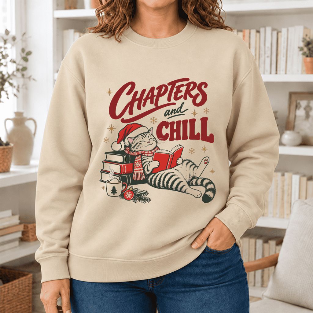 Chapters And Chill Cute Cat Softstyle Sweatshirt | Christmas Reader Gift Sand