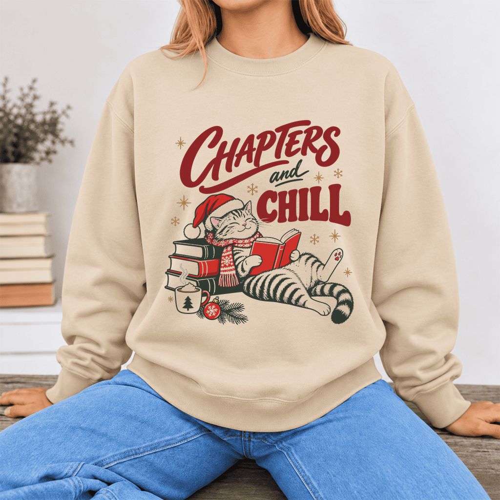 Chapters And Chill Cute Cat Softstyle Sweatshirt | Christmas Reader Gift Sand