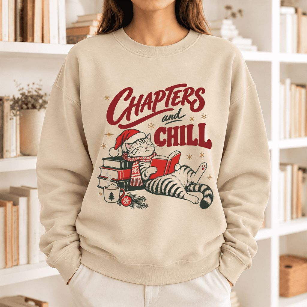 Chapters And Chill Cute Cat Softstyle Sweatshirt | Christmas Reader Gift Sand
