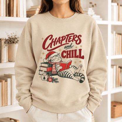Chapters And Chill Cute Cat Softstyle Sweatshirt | Christmas Reader Gift Sand