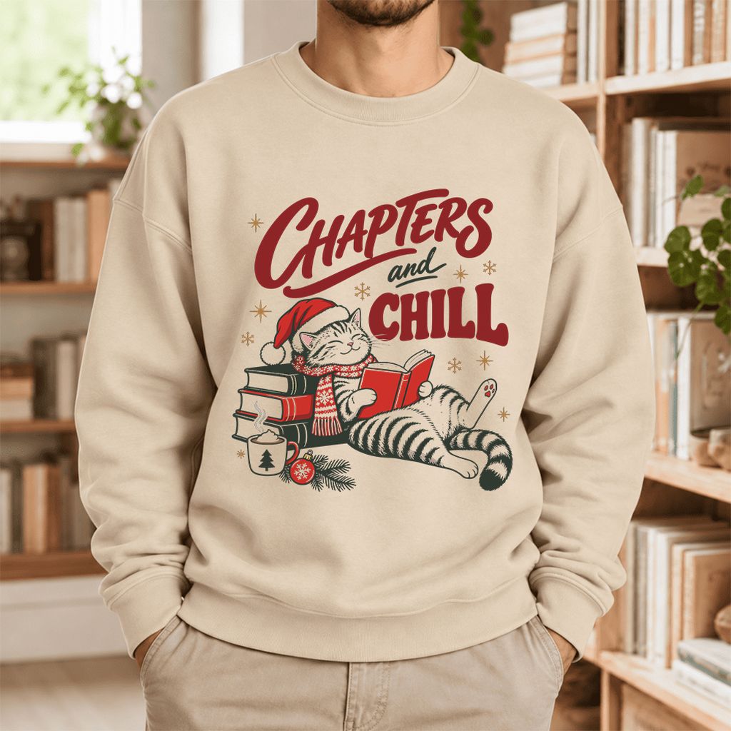 Chapters And Chill Cute Cat Softstyle Sweatshirt | Christmas Reader Gift Sand