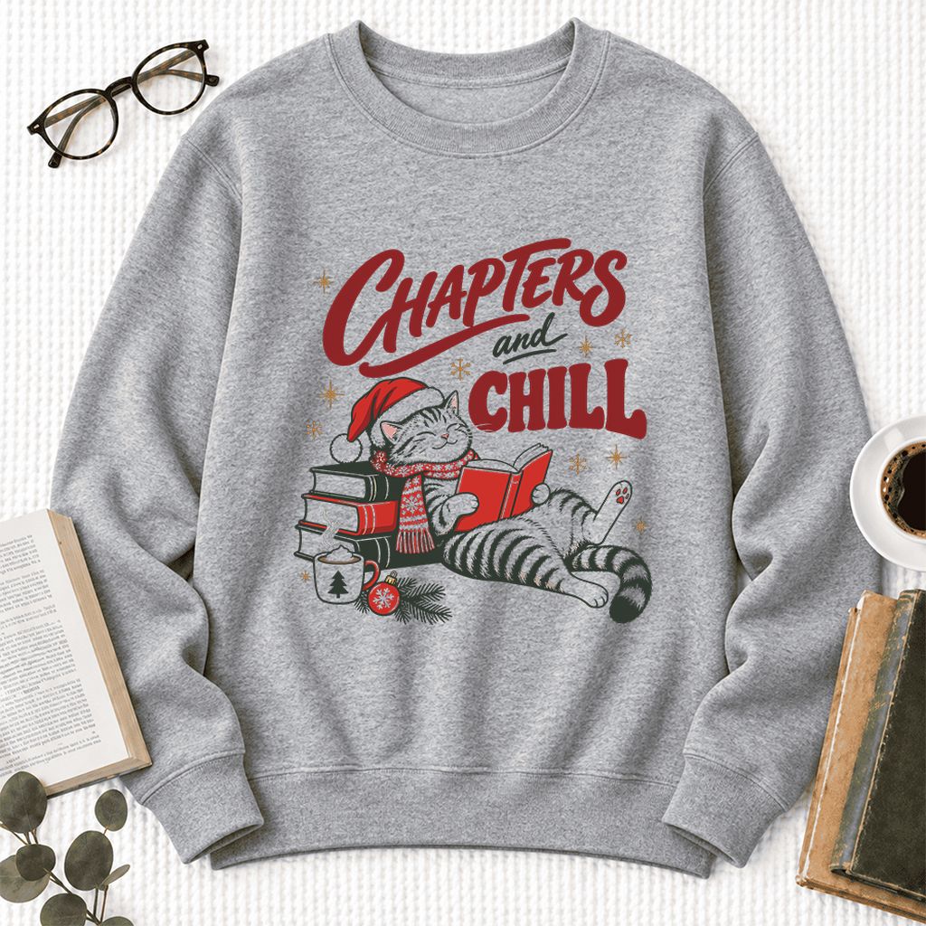 Chapters And Chill Cute Cat Softstyle Sweatshirt | Christmas Reader Gift Sport Grey