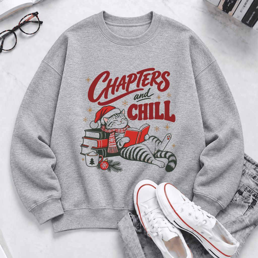Chapters And Chill Cute Cat Softstyle Sweatshirt | Christmas Reader Gift Sport Grey