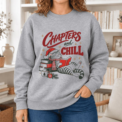 Chapters And Chill Cute Cat Softstyle Sweatshirt | Christmas Reader Gift Sport Grey