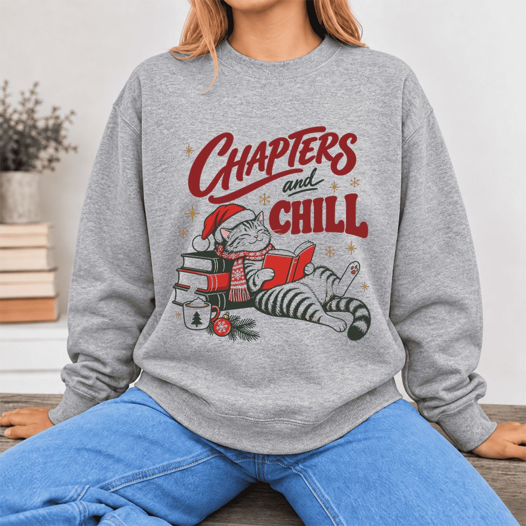 Chapters And Chill Cute Cat Softstyle Sweatshirt | Christmas Reader Gift Sport Grey