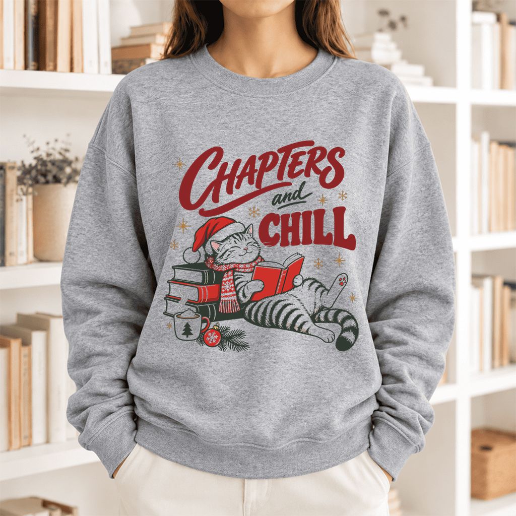 Chapters And Chill Cute Cat Softstyle Sweatshirt | Christmas Reader Gift Sport Grey