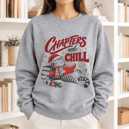 Chapters And Chill Cute Cat Softstyle Sweatshirt | Christmas Reader Gift Sport Grey