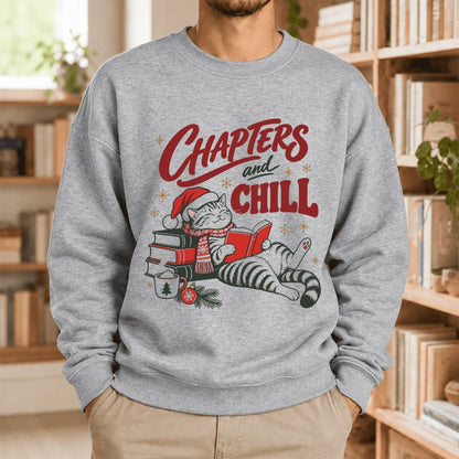Chapters And Chill Cute Cat Softstyle Sweatshirt | Christmas Reader Gift Sport Grey
