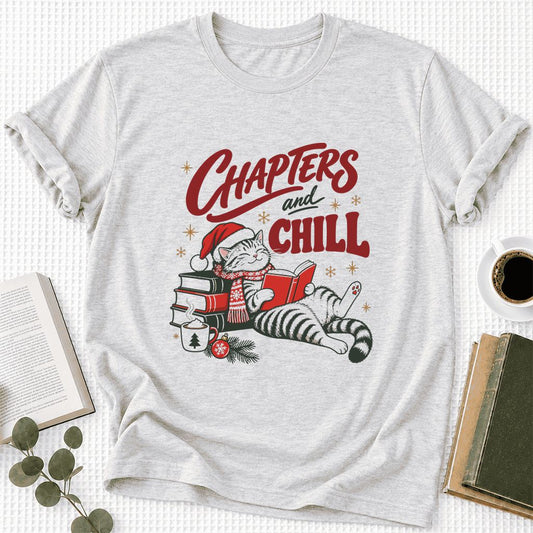 CHAPTERS and CHILL Cat Ultra-Soft Cotton T-Shirt | Christmas Book Lover Gift Ash