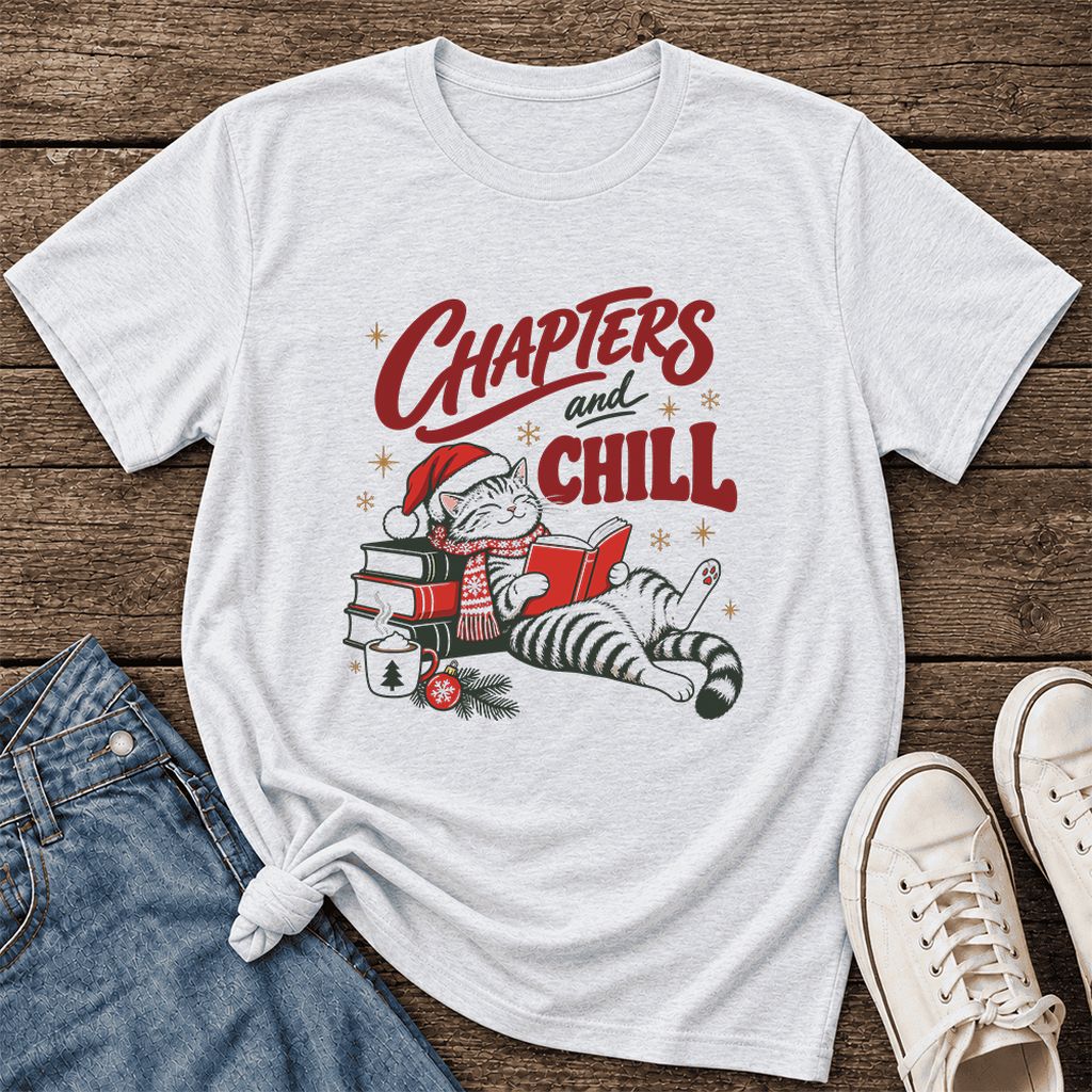 CHAPTERS and CHILL Cat Ultra-Soft Cotton T-Shirt | Christmas Book Lover Gift Ash