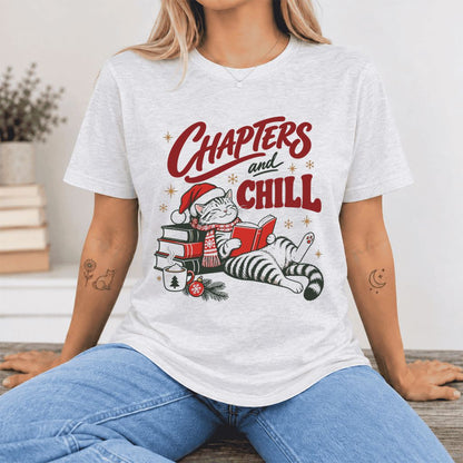CHAPTERS and CHILL Cat Ultra-Soft Cotton T-Shirt | Christmas Book Lover Gift Ash