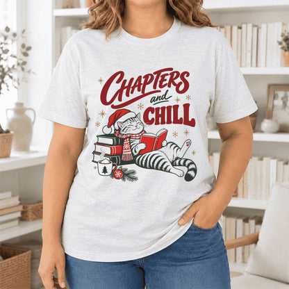 CHAPTERS and CHILL Cat Ultra-Soft Cotton T-Shirt | Christmas Book Lover Gift Ash