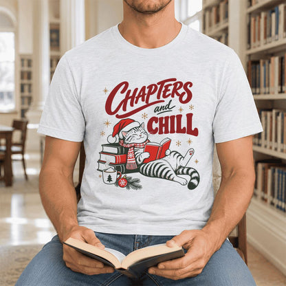 CHAPTERS and CHILL Cat Ultra-Soft Cotton T-Shirt | Christmas Book Lover Gift Ash