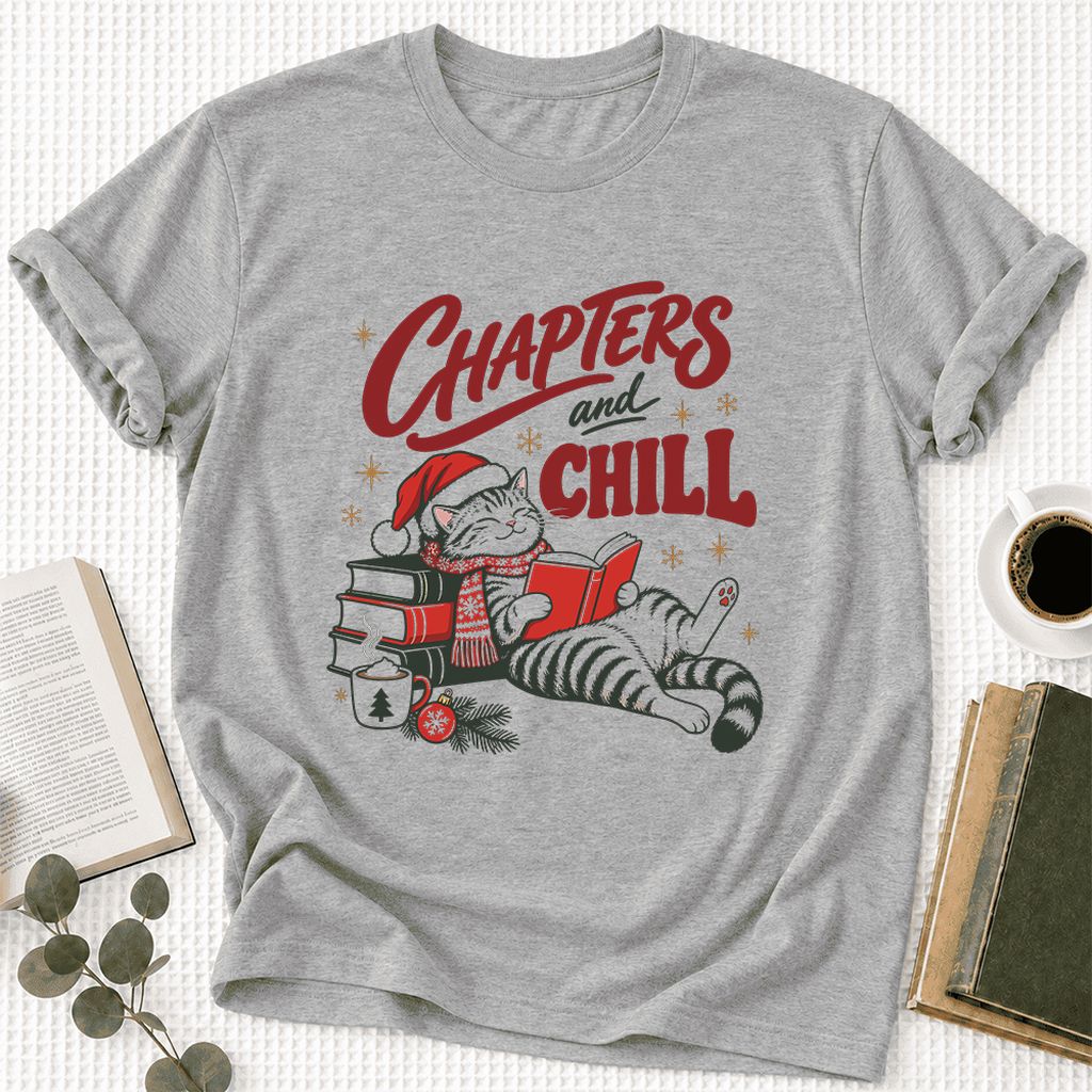 CHAPTERS and CHILL Cat Ultra-Soft Cotton T-Shirt | Christmas Book Lover Gift Athletic Heather