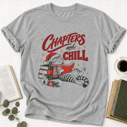 CHAPTERS and CHILL Cat Ultra-Soft Cotton T-Shirt | Christmas Book Lover Gift Athletic Heather