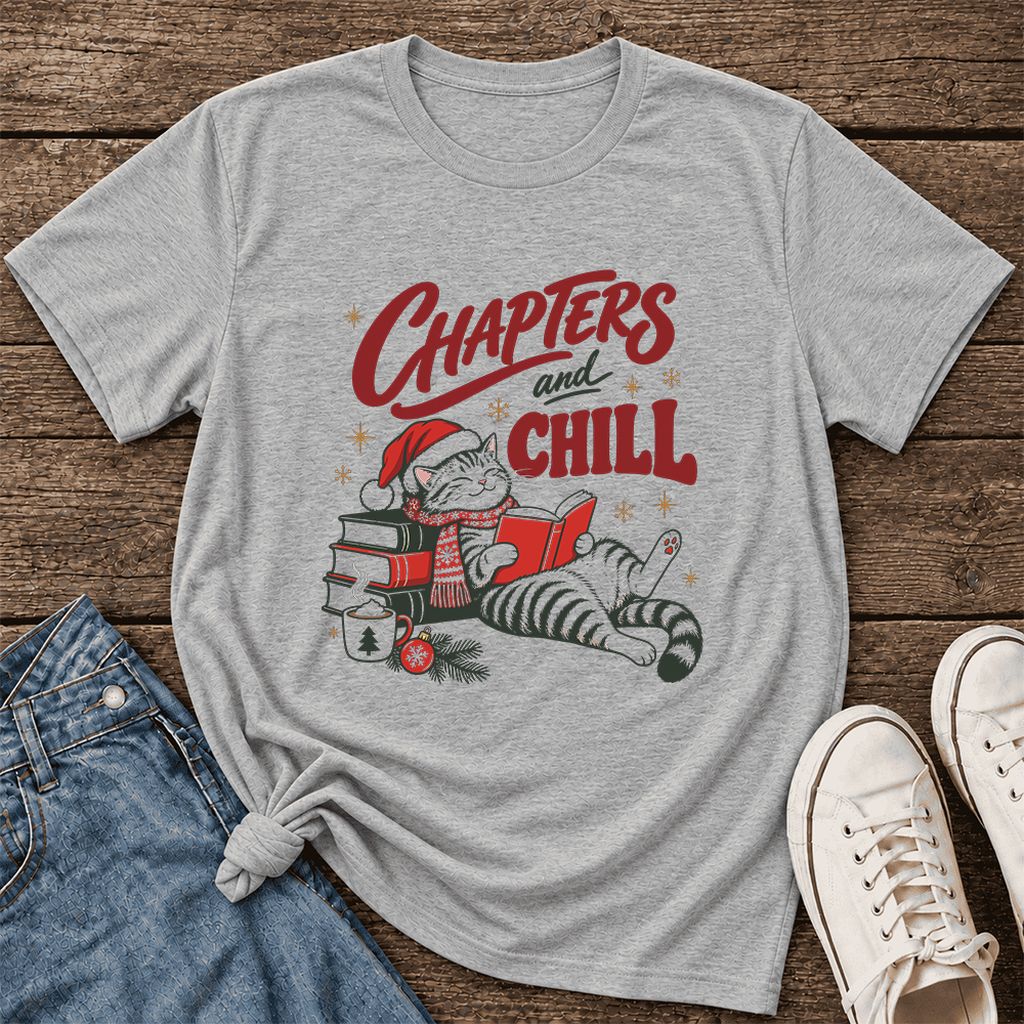 CHAPTERS and CHILL Cat Ultra-Soft Cotton T-Shirt | Christmas Book Lover Gift Athletic Heather