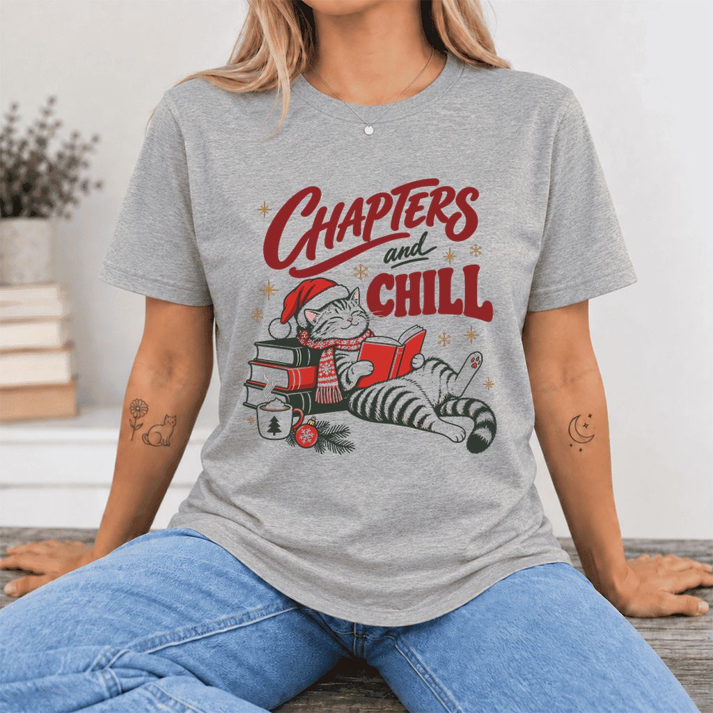 CHAPTERS and CHILL Cat Ultra-Soft Cotton T-Shirt | Christmas Book Lover Gift Athletic Heather
