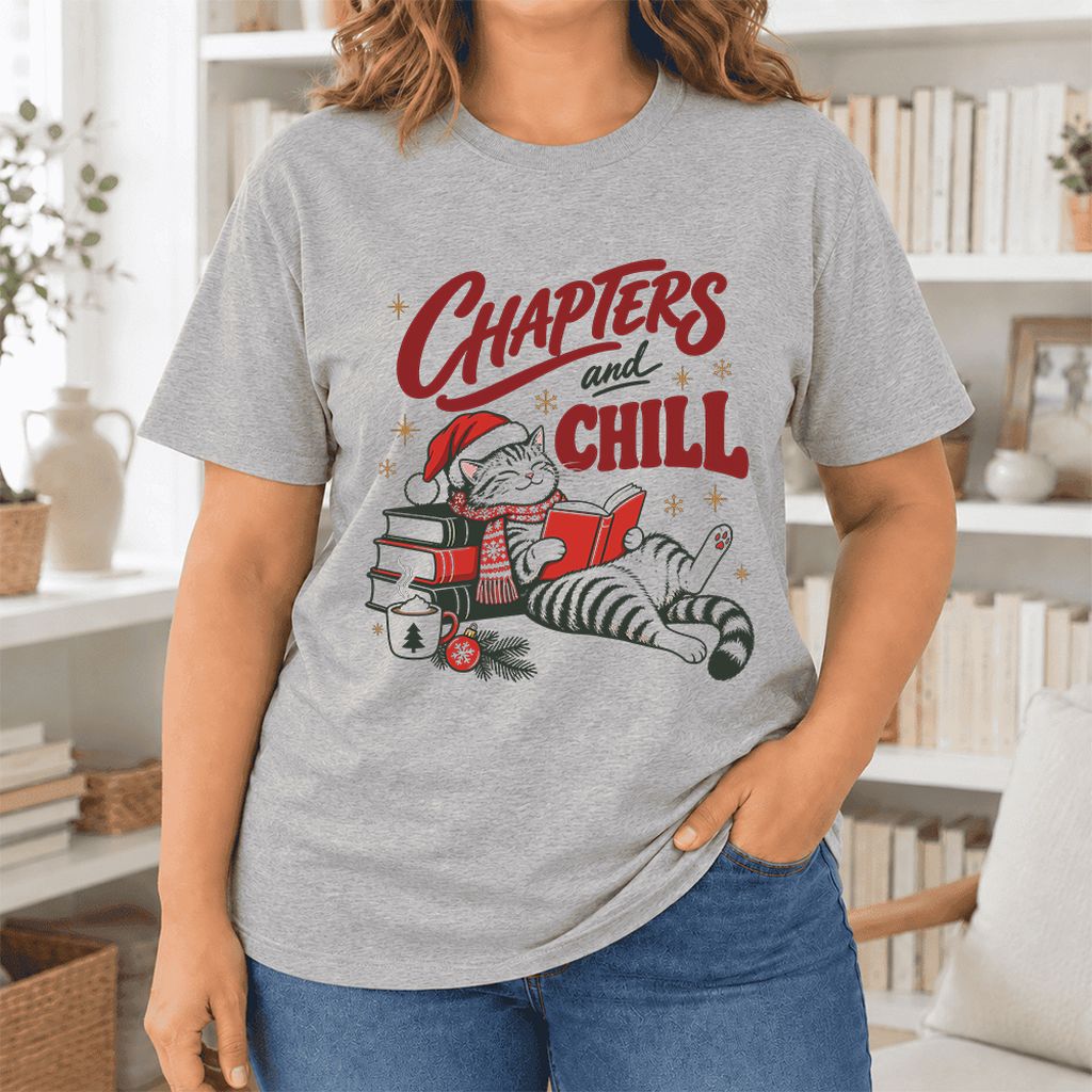 CHAPTERS and CHILL Cat Ultra-Soft Cotton T-Shirt | Christmas Book Lover Gift Athletic Heather