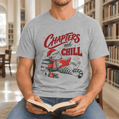 CHAPTERS and CHILL Cat Ultra-Soft Cotton T-Shirt | Christmas Book Lover Gift Athletic Heather