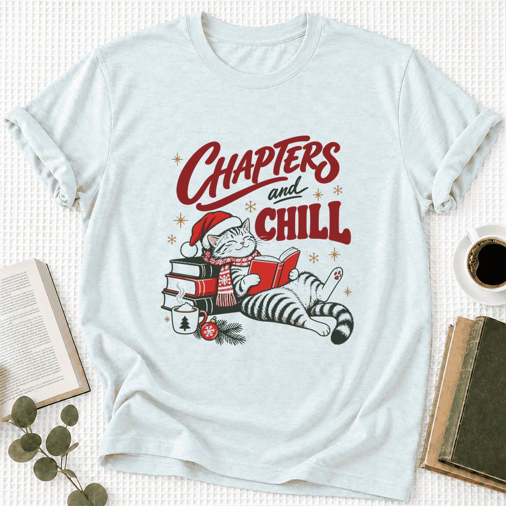 CHAPTERS and CHILL Cat Ultra-Soft Cotton T-Shirt | Christmas Book Lover Gift Heather Ice Blue