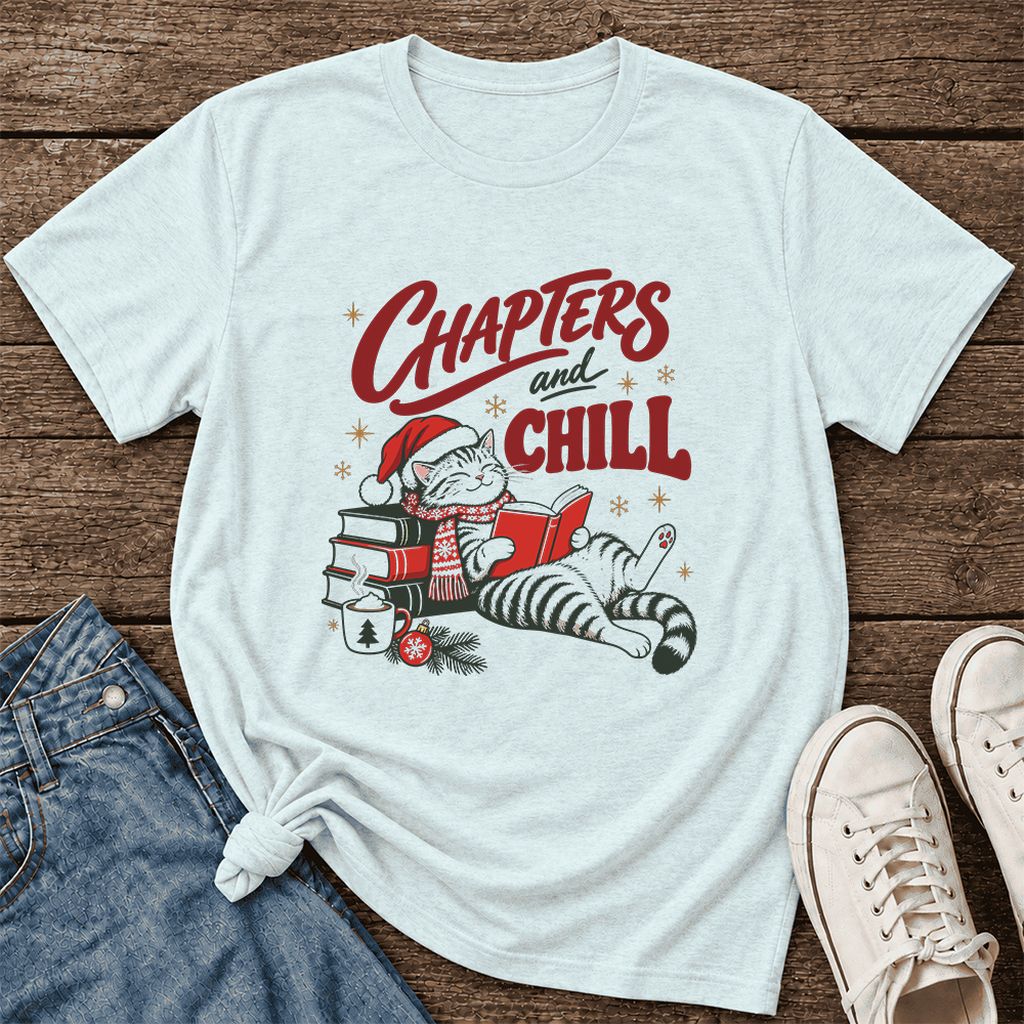 CHAPTERS and CHILL Cat Ultra-Soft Cotton T-Shirt | Christmas Book Lover Gift Heather Ice Blue