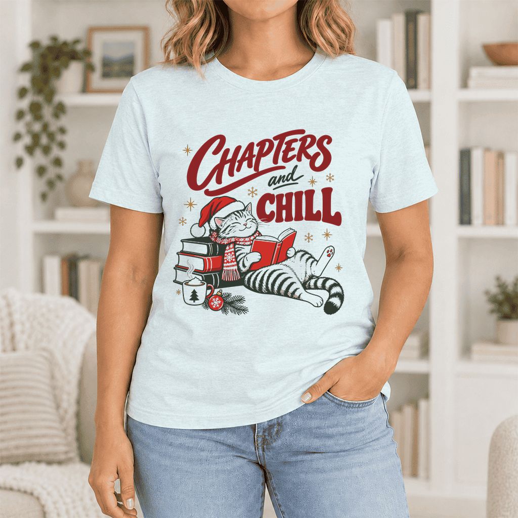 CHAPTERS and CHILL Cat Ultra-Soft Cotton T-Shirt | Christmas Book Lover Gift Heather Ice Blue