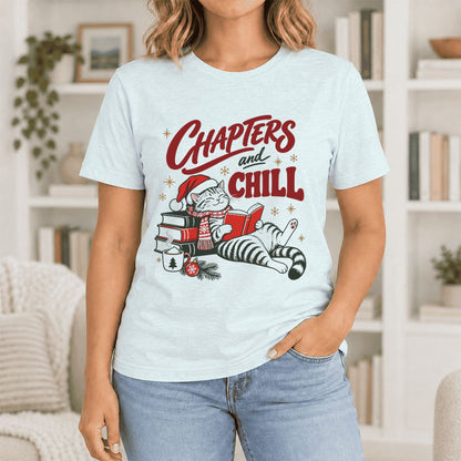 CHAPTERS and CHILL Cat Ultra-Soft Cotton T-Shirt | Christmas Book Lover Gift Heather Ice Blue