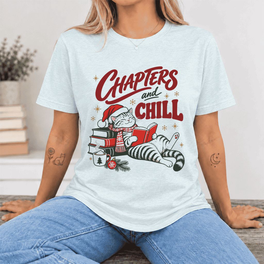 CHAPTERS and CHILL Cat Ultra-Soft Cotton T-Shirt | Christmas Book Lover Gift Heather Ice Blue