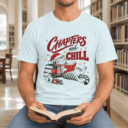 CHAPTERS and CHILL Cat Ultra-Soft Cotton T-Shirt | Christmas Book Lover Gift Heather Ice Blue