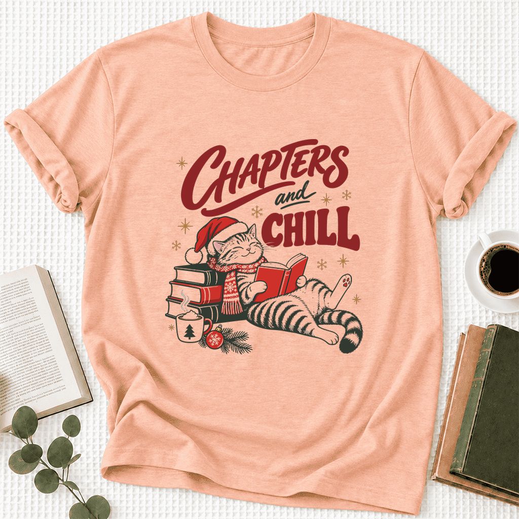 CHAPTERS and CHILL Cat Ultra-Soft Cotton T-Shirt | Christmas Book Lover Gift Heather Peach