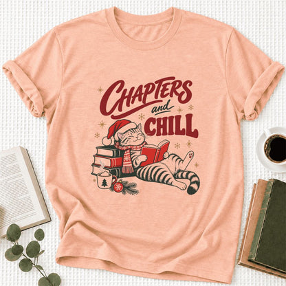 CHAPTERS and CHILL Cat Ultra-Soft Cotton T-Shirt | Christmas Book Lover Gift Heather Peach
