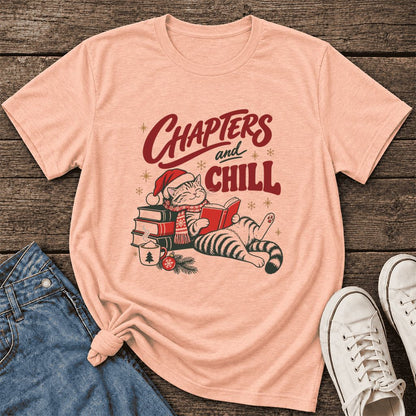 CHAPTERS and CHILL Cat Ultra-Soft Cotton T-Shirt | Christmas Book Lover Gift Heather Peach