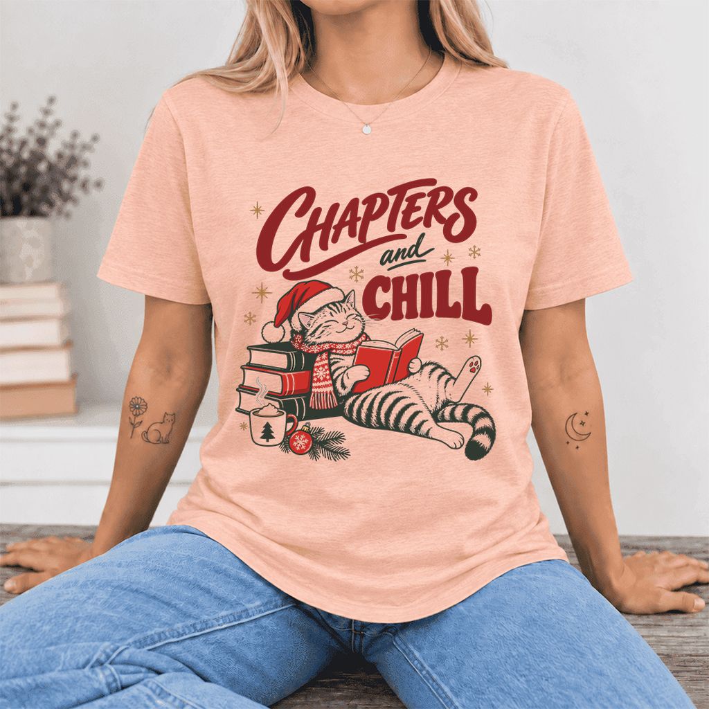 CHAPTERS and CHILL Cat Ultra-Soft Cotton T-Shirt | Christmas Book Lover Gift Heather Peach