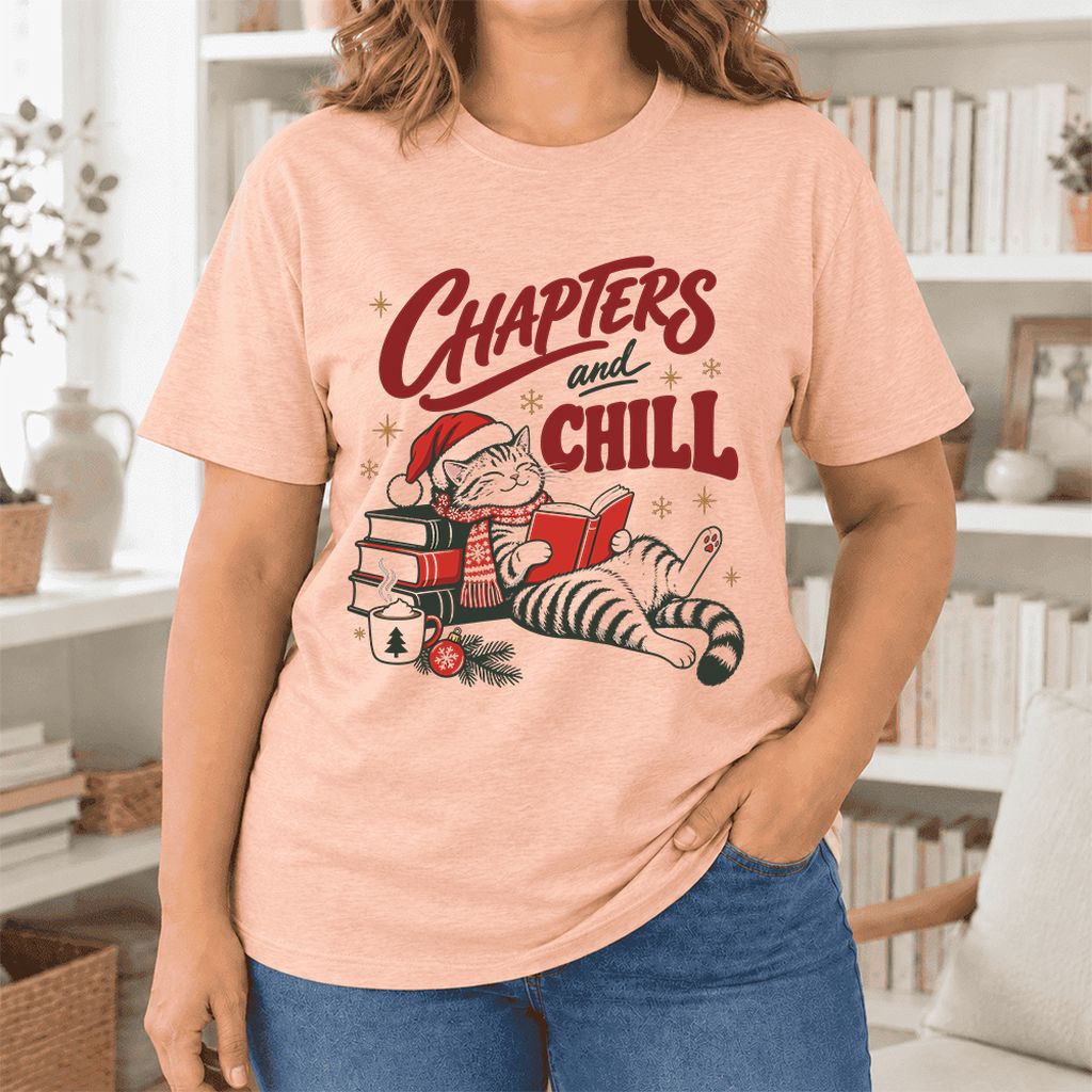CHAPTERS and CHILL Cat Ultra-Soft Cotton T-Shirt | Christmas Book Lover Gift Heather Peach