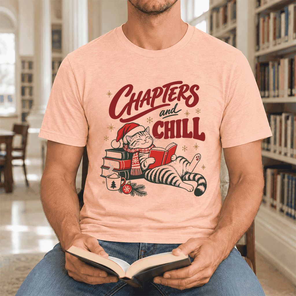 CHAPTERS and CHILL Cat Ultra-Soft Cotton T-Shirt | Christmas Book Lover Gift Heather Peach