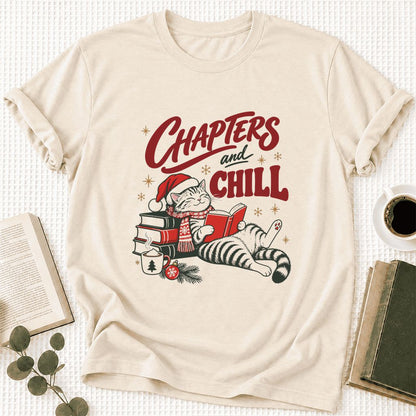 CHAPTERS and CHILL Cat Ultra-Soft Cotton T-Shirt | Christmas Book Lover Gift Natural