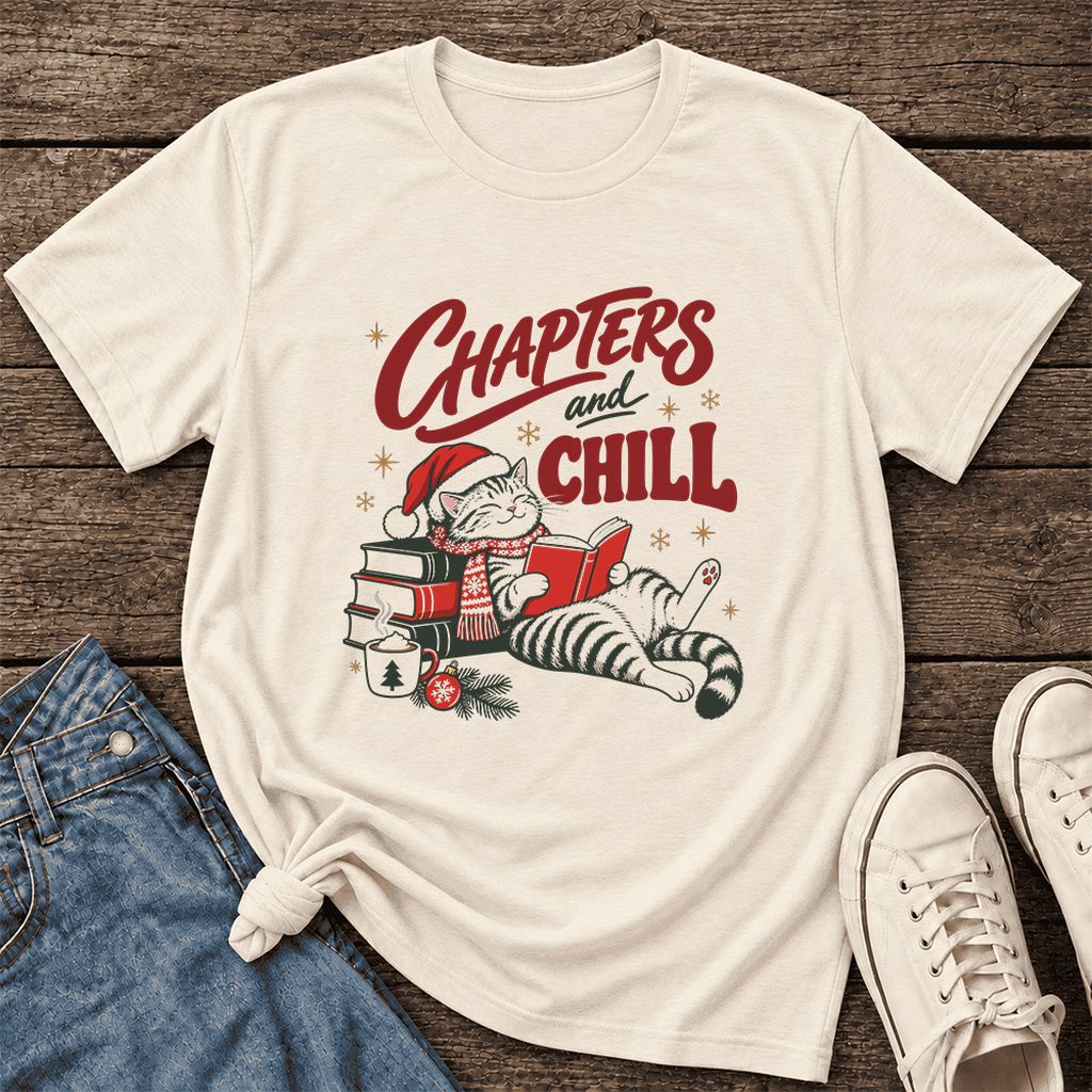 CHAPTERS and CHILL Cat Ultra-Soft Cotton T-Shirt | Christmas Book Lover Gift Natural