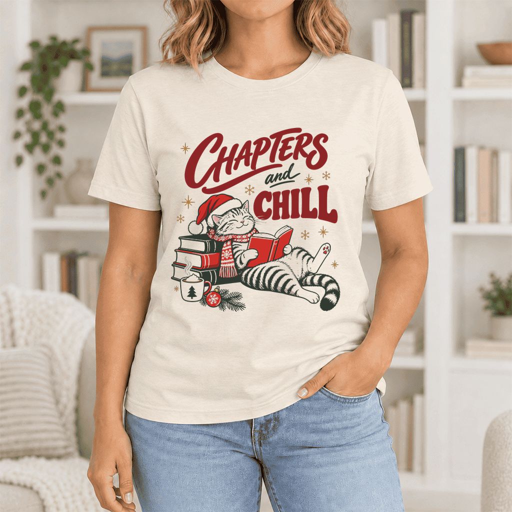 CHAPTERS and CHILL Cat Ultra-Soft Cotton T-Shirt | Christmas Book Lover Gift Natural
