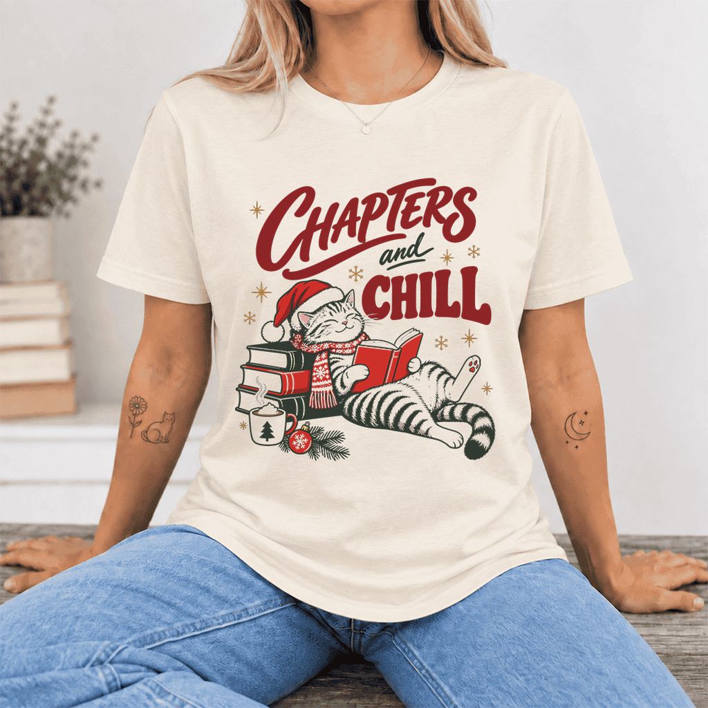 CHAPTERS and CHILL Cat Ultra-Soft Cotton T-Shirt | Christmas Book Lover Gift Natural