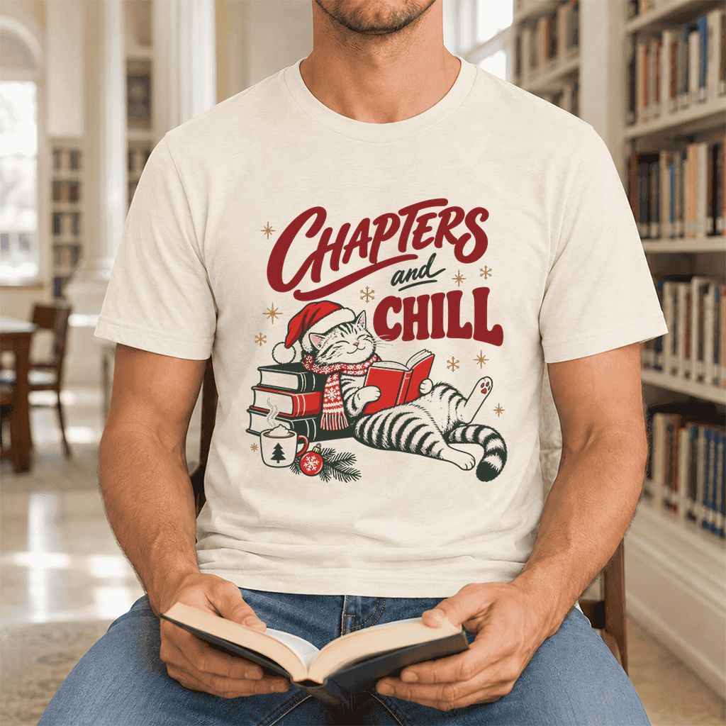 CHAPTERS and CHILL Cat Ultra-Soft Cotton T-Shirt | Christmas Book Lover Gift Natural