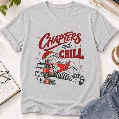 CHAPTERS and CHILL Cat Ultra-Soft V-Neck | Christmas Book Lover Gift Ash