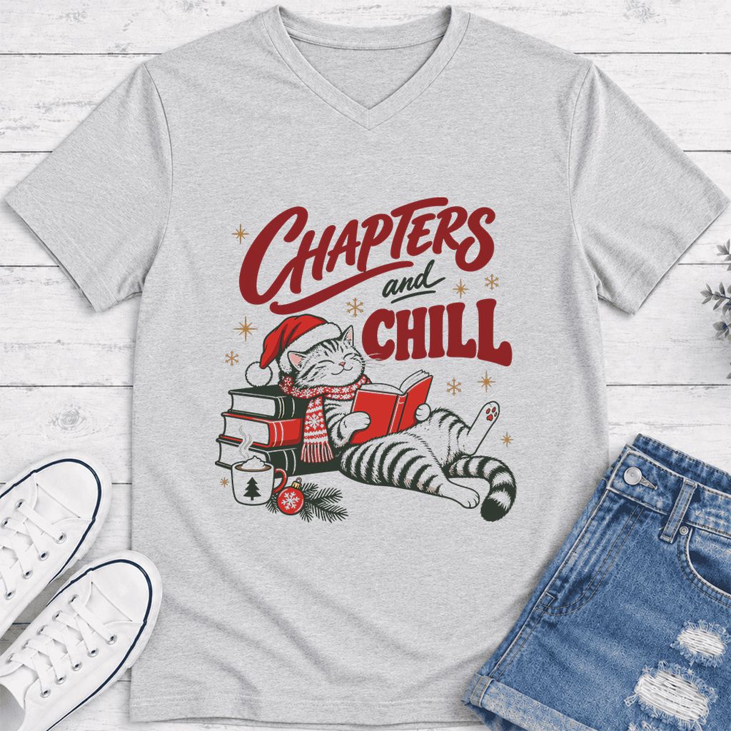 CHAPTERS and CHILL Cat Ultra-Soft V-Neck | Christmas Book Lover Gift Ash