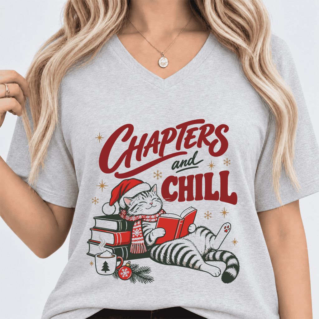 CHAPTERS and CHILL Cat Ultra-Soft V-Neck | Christmas Book Lover Gift Ash