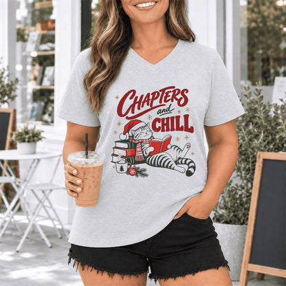 CHAPTERS and CHILL Cat Ultra-Soft V-Neck | Christmas Book Lover Gift Ash