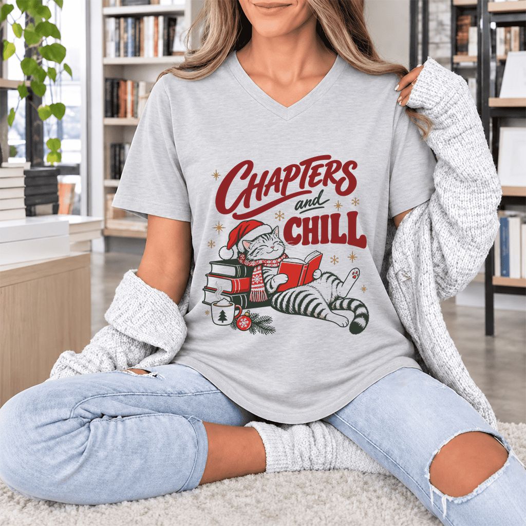 CHAPTERS and CHILL Cat Ultra-Soft V-Neck | Christmas Book Lover Gift Ash