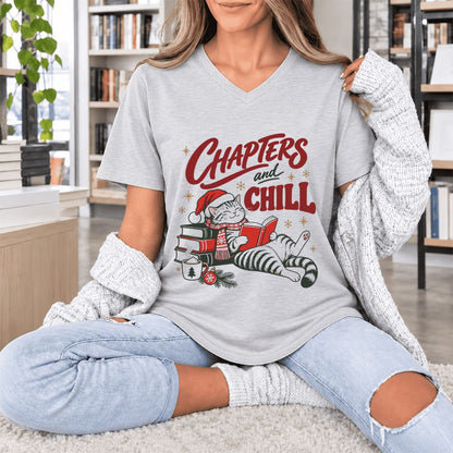 CHAPTERS and CHILL Cat Ultra-Soft V-Neck | Christmas Book Lover Gift Ash