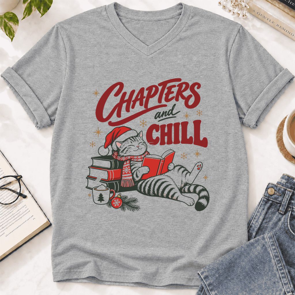 CHAPTERS and CHILL Cat Ultra-Soft V-Neck | Christmas Book Lover Gift Athletic Heather