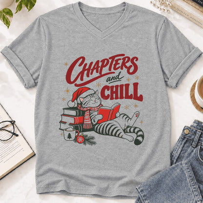 CHAPTERS and CHILL Cat Ultra-Soft V-Neck | Christmas Book Lover Gift Athletic Heather