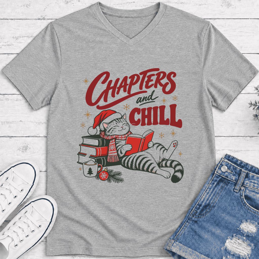 CHAPTERS and CHILL Cat Ultra-Soft V-Neck | Christmas Book Lover Gift Athletic Heather
