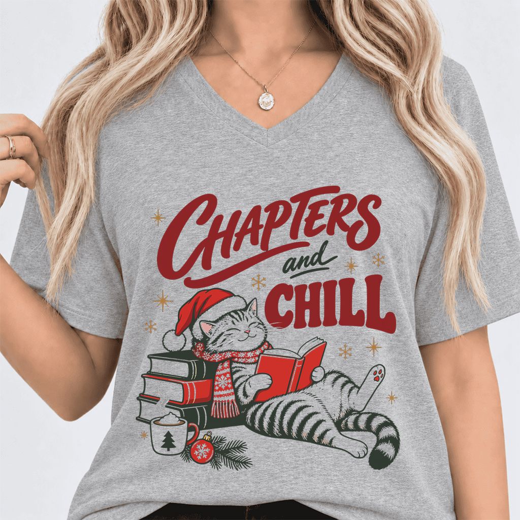 CHAPTERS and CHILL Cat Ultra-Soft V-Neck | Christmas Book Lover Gift Athletic Heather